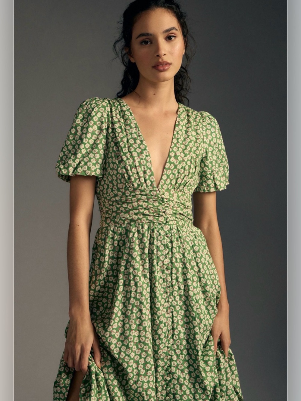 Anthropologie Catalina Button front Green Floral Midi Dress